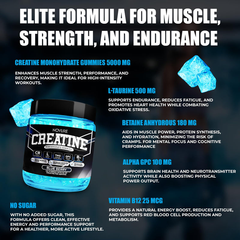 Creatine Monohydrate Gummies 5000mg – Vegan, Sugar-Free, Made in USA | 120 Gummies (30 Servings)