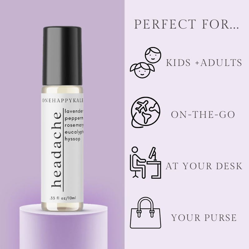 Onehappykale Headache Relief Essential Oil Roll-On 10ml – Fast-Acting Natural Blend (Peppermint, Lavender, Rosemary, Eucalyptus & Hyssop) – Cruelty-Free, Made in USA