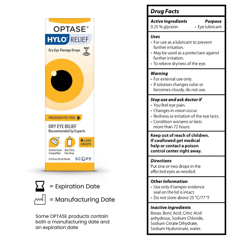 Optase HYLO Relief Dry Eye Drops – Preservative-Free, 0.33 fl oz, 300 Doses, Contact Lens Compatible