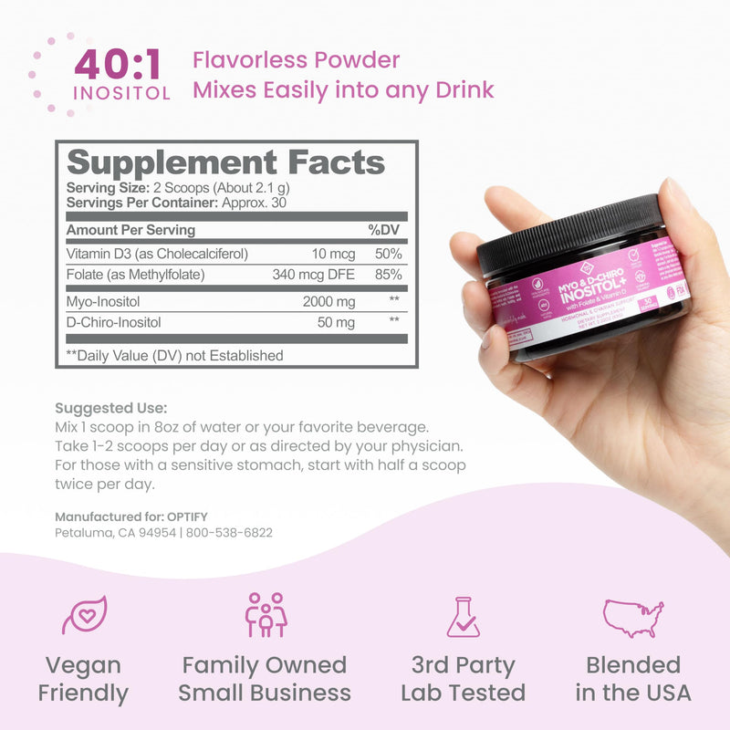 Optify Myo-Inositol & D-Chiro Inositol Supplement Powder for Women – 40:1 Ratio + Folate & Vitamin D – 30-Day Supply