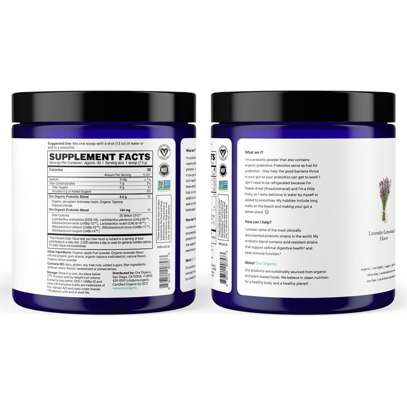 Ora Organic Prebiotic & Probiotic Powder – 20B CFU, 7 Strains, Lavender Lemonade, 30 Servings