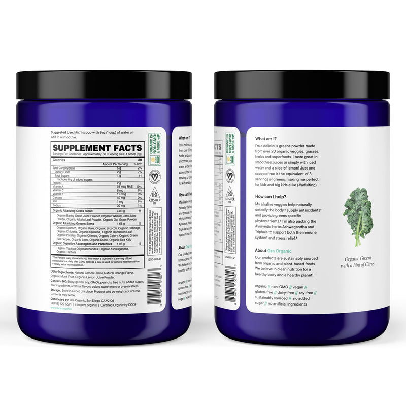 Ora Organic Greens Powder – Citrus Flavor, 30 Servings | Vegan, Gluten-Free, 20+ Organic Greens + Adaptogens