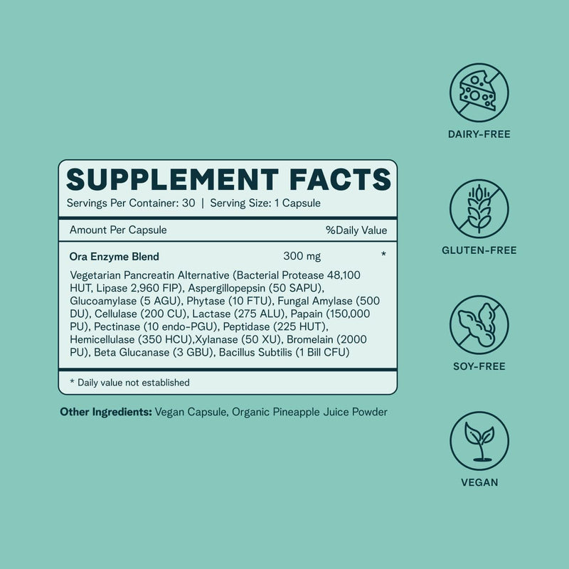 Ora Organic Multi-Enzyme Supplement – Vegan, Gluten Free Digestive Enzymes with Probiotics | 30 Capsules
