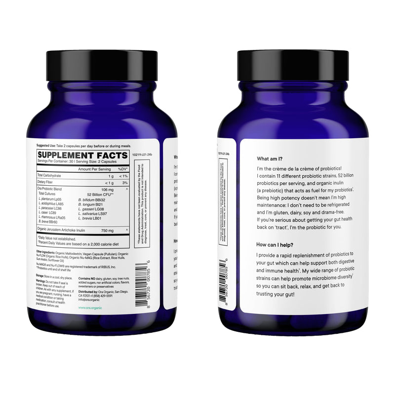 Ora Organic Probiotics with Prebiotics — 52 Billion CFU, 11 Strains, Gluten Free, 60 Capsules