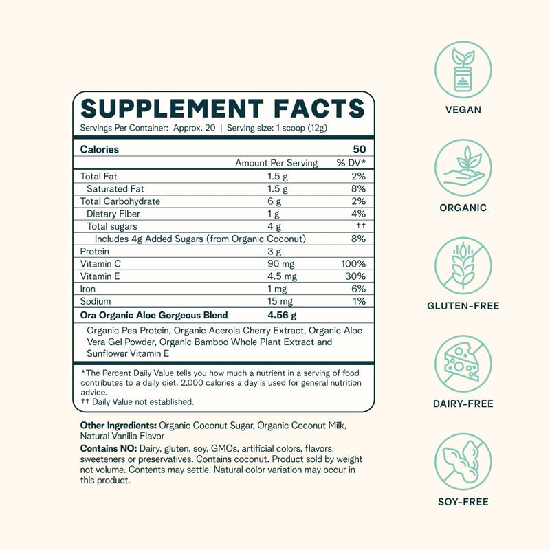 Ora Organic Vegan Collagen-Boosting Powder for Hair, Skin & Nails – Vanilla, 20 Servings