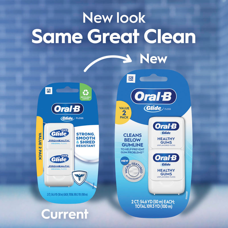 Oral-B Glide Healthy Gums Unflavored Floss — 2 Pack, 50m Each, Smooth & Shred-Resistant