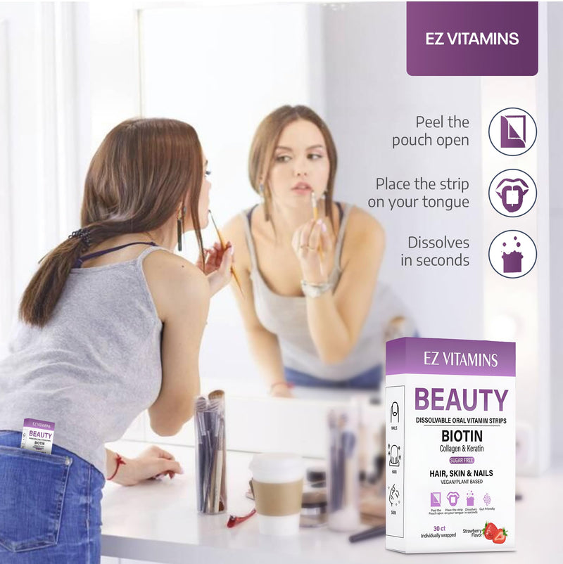Oral Strips for Hair, Skin & Nails – Biotin, Collagen & Folate | Strawberry Flavor, Sugar Free