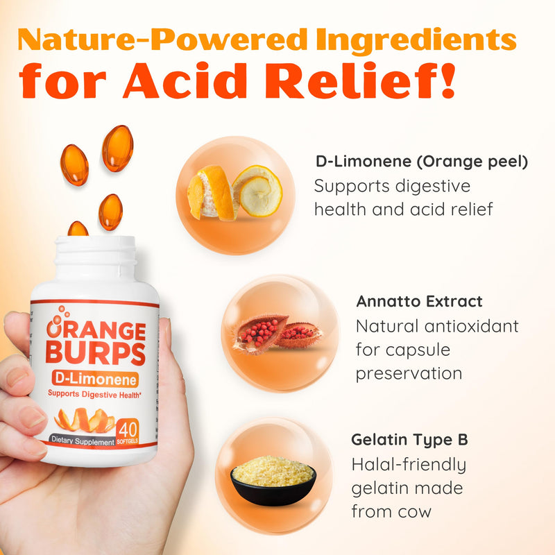 Orange Burps | D-Limonene Soft Gels for Heartburn Relief, GERD Support & Digestive Comfort | 1,000 mg