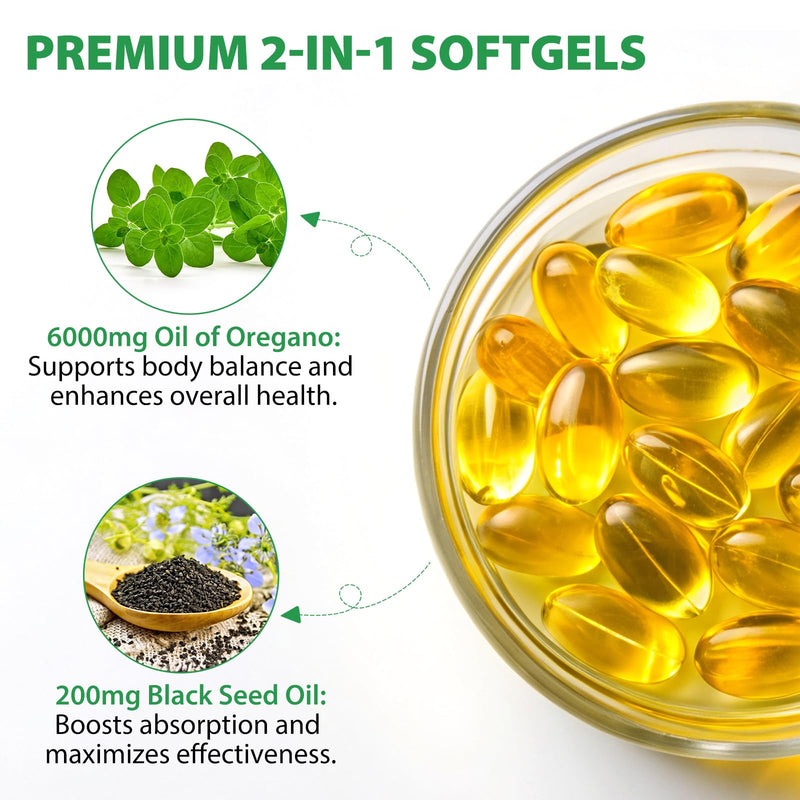 Oregano Oil Softgels Organic with Black Seed Oil 200mg – 120 Count | Non-GMO, Dairy Free, Gluten Free