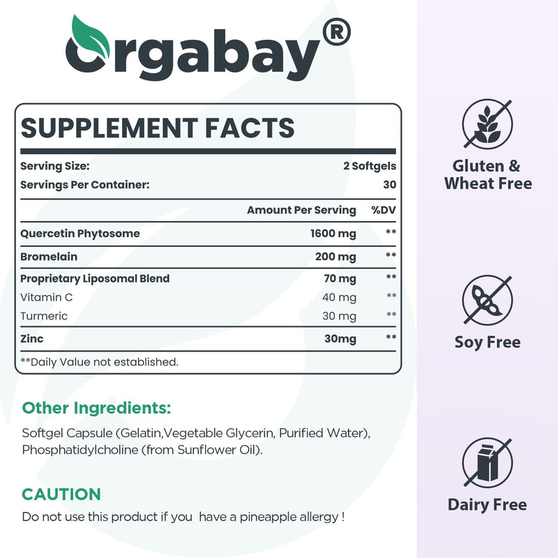 Orgabay Liposomal Quercetin Phytosome 1600 mg – 360 Softgels | Bromelain 200 mg, Zinc 30 mg, Vitamin C, Turmeric