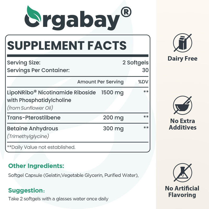 Orgabay Liposomal Nicotinamide Riboside 2000 MG with TMG & Pterostilbene | NAD+ Support, 240 Count