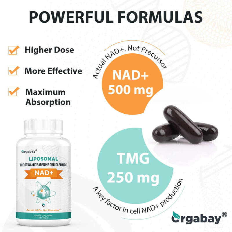 Orgabay Liposomal NAD+ Supplement 500 mg + 250 mg TMG – High Absorption NAD+ | 480 Softgels