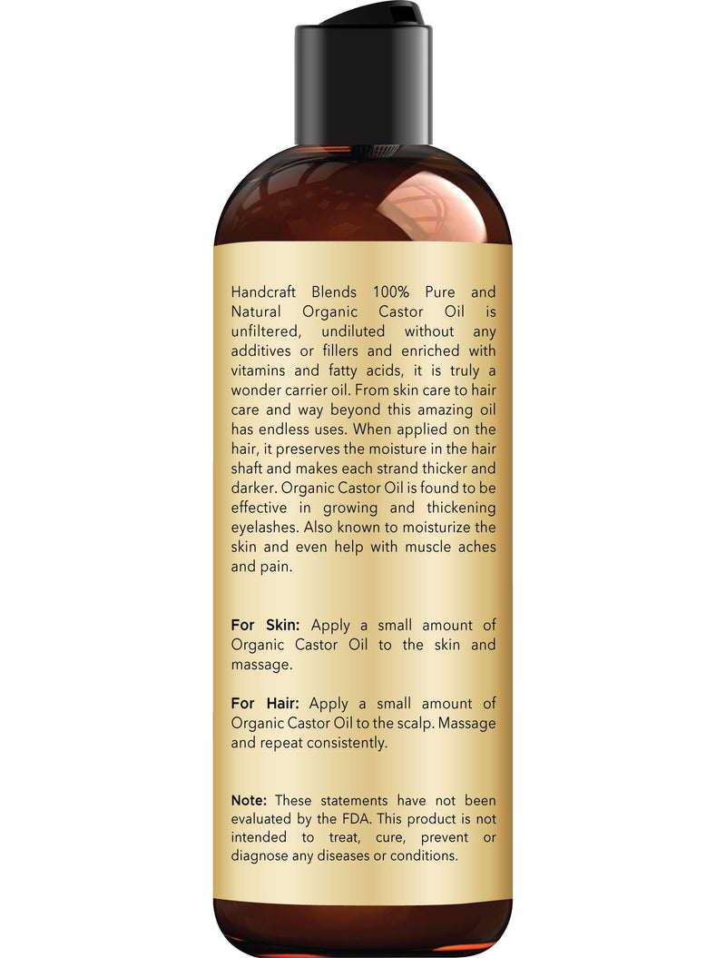 Handcraft Blends Organic Castor Oil 8 Fl Oz | 100% Pure and Natural | Premium Grade Carrier Oil | Hair, Eyelashes and Eyebrows | Hair and Body | Expeller-Pressed | Hexane-Free
