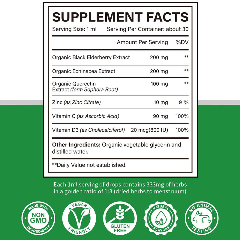 Zinc Quercetin Vitamin C D3 Liquid Immune Support with Organic Echinacea & Elderberry – 1 Fl Oz