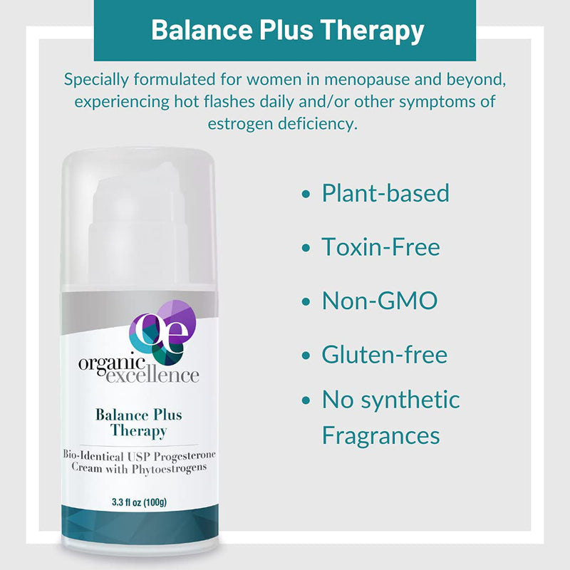 Organic Excellence Balance Plus Therapy – USP Bioidentical Organic Progesterone Cream with Phytoestrogens | Menopause Hormone Balance, 3.3 fl oz