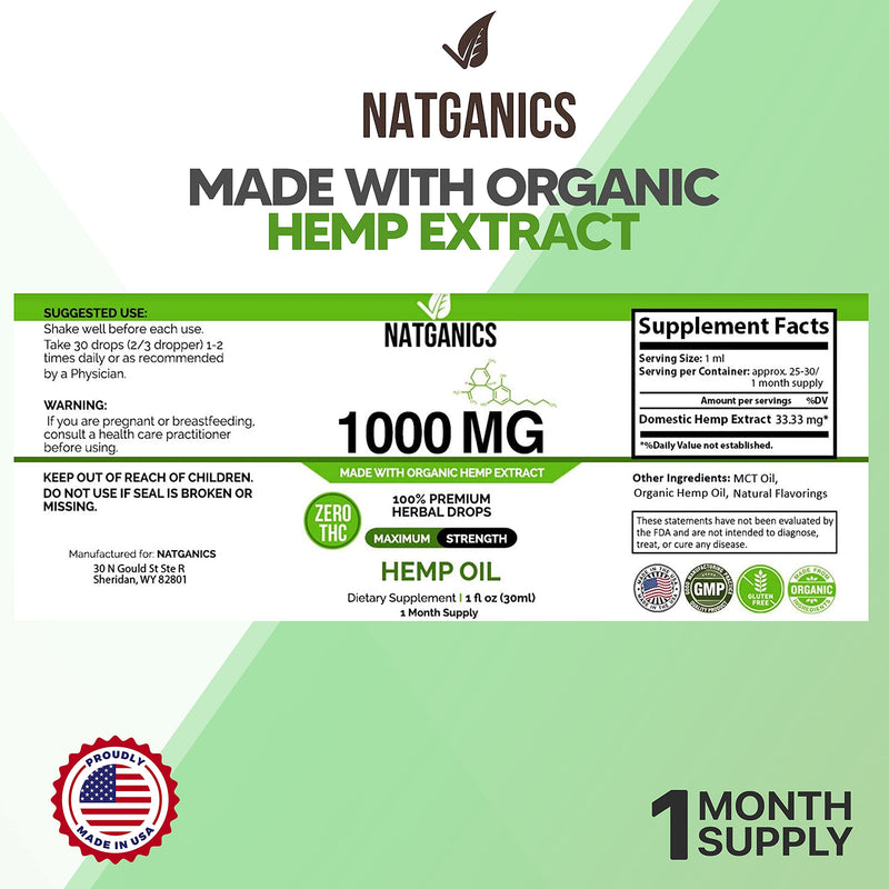 Organic Hemp Oil 1000mg - Ultra Premium CO2-Extracted Hemp Oil Drops | Made in USA