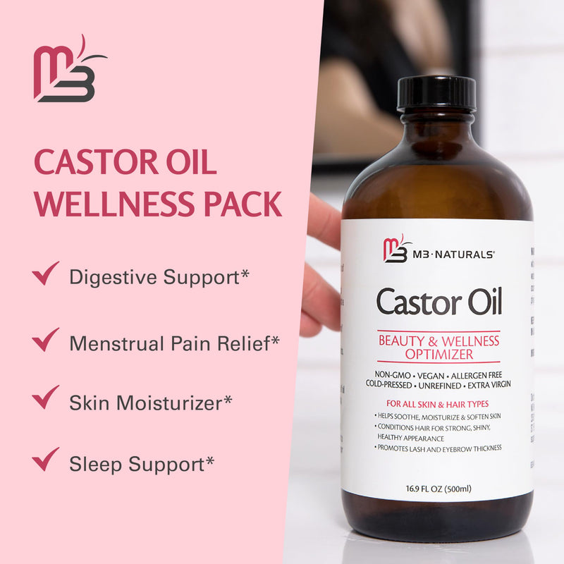Pure Castor Oil Pack Kit, Large – Hexane-Free Cold-Pressed Castor Oil in Glass Bottle with Adjustable Reusable Organic Cotton Wrap | M3 Naturals