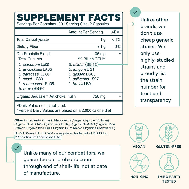 Ora Organic Probiotics with Prebiotics — 52 Billion CFU, 11 Strains, Gluten Free, 60 Capsules