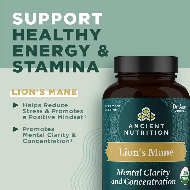 Organic Lion's Mane Mushroom Supplement with Ashwagandha - Ancient Nutrition, 30 Tablets