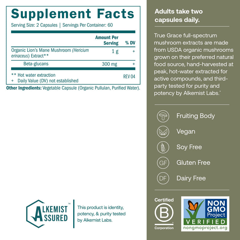 True Grace Lion's Mane Mushroom – Brain, Nerve & Cognitive Support | 120 Count Capsules | Organic