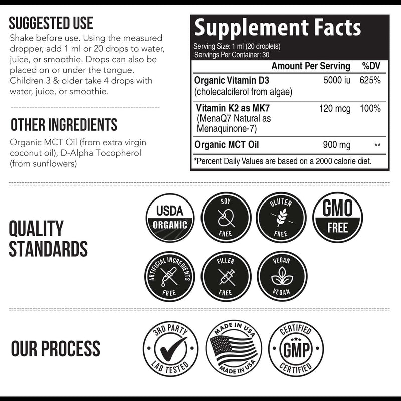 Organic Plant D3 + K2 Drops — 5,000 IU D3, 120 mcg MK7 | 100% Vegan Sublingual