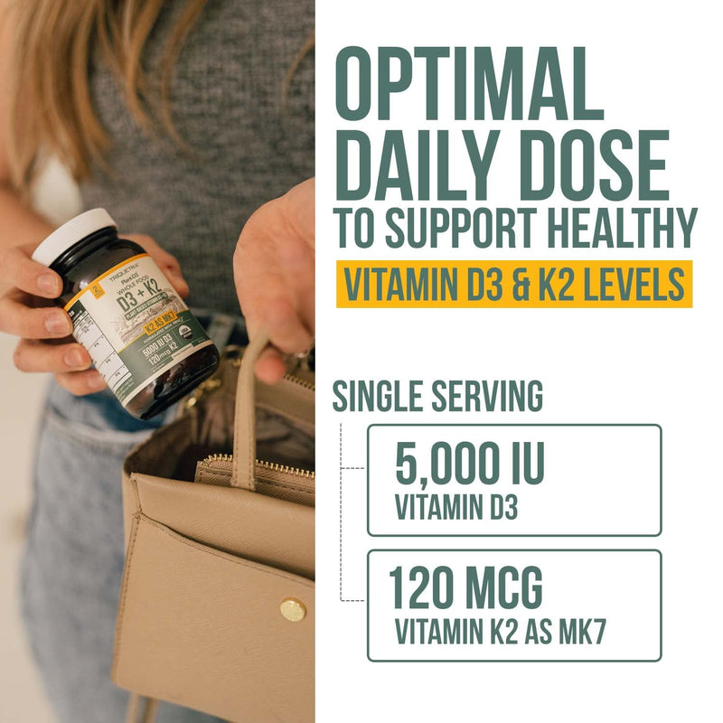 Organic Plant D3 + K2 MK7 - 5000 IU D3, 120 mcg K2 from MenaQ7® (All-Trans MK7) | Whole Food, Vegan | 60 Count