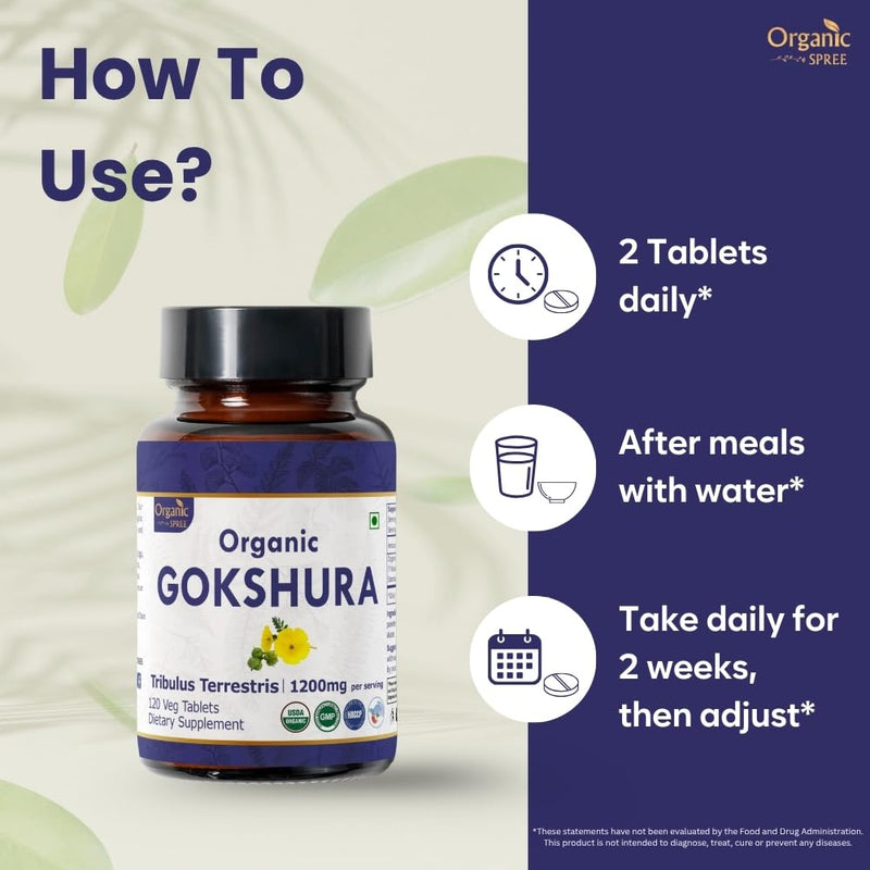 ORGANIC SPREE Gokshura 120 Tablets | Tribulus Terrestris | USDA Organic Certified | Supports Immunity & Strength | Pack of 3