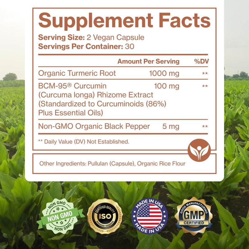 Organic Turmeric Curcumin with BCM-95 & Black Pepper – Inflammation, Brain & Immune Health | 60 Vegan Capsules