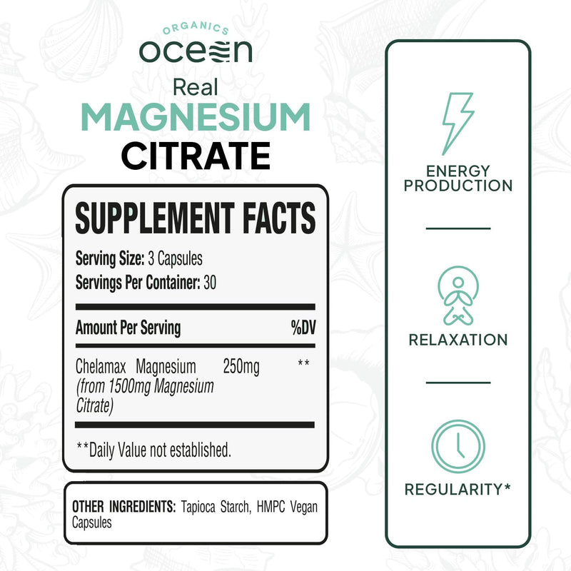 Organics Ocean Real Magnesium Citrate - High Absorption Chelated Magnesium Supplement - 3 Pack Bulk