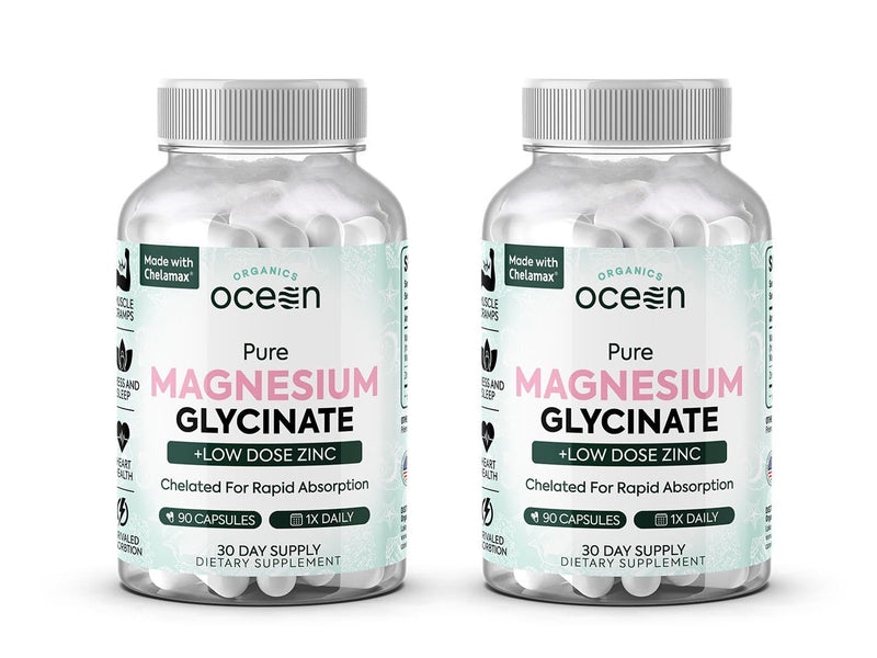 Organics Ocean Magnesium Glycinate with Zinc - Maximum Strength Chelated Magnesium for Sleep & Muscle Cramps - 2 Bottles