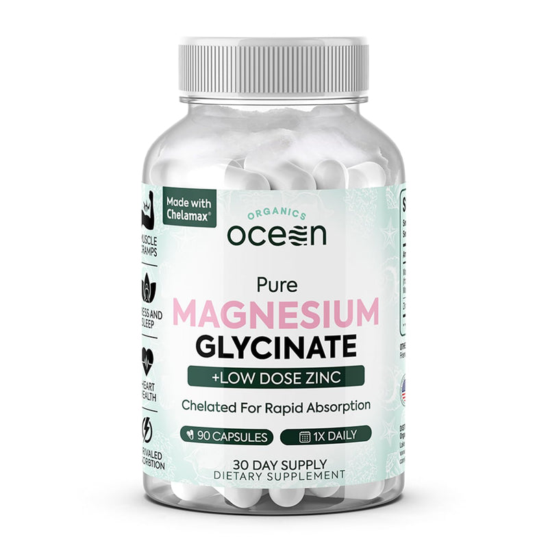 Organics Ocean Magnesium Glycinate with Zinc – Maximum Strength Chelated Magnesium (90 Capsules)