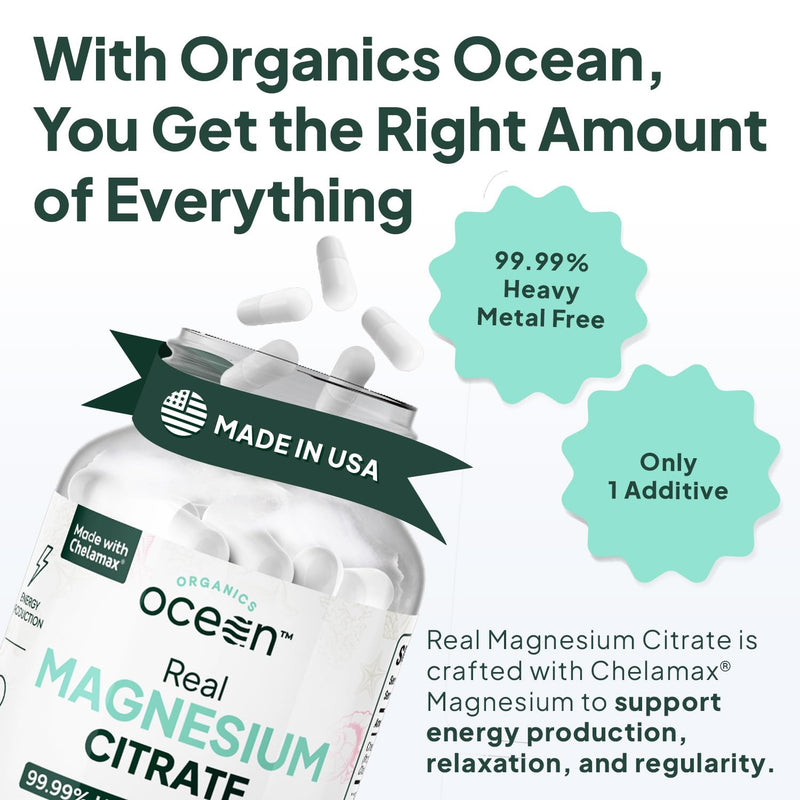 Organics Ocean Real Magnesium Citrate – High-Absorption Chelated Magnesium for Energy, Relaxation, and Regularity – 6 Pack
