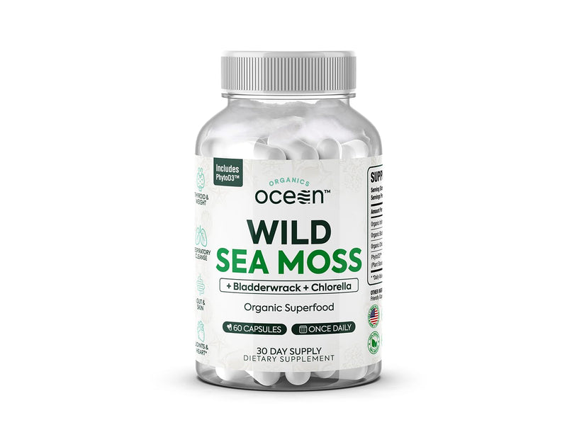 Organics Ocean Wild Sea Moss Capsules – 60 Capsules | Organic Irish Sea Moss, Bladderwrack, Chlorella & Vitamin D3