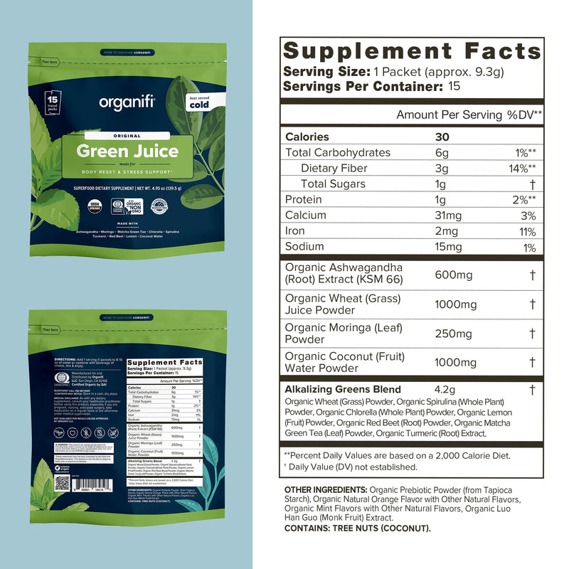 Organifi GO Packs: Green Juice – Organic Superfood (15 Travel Packs)