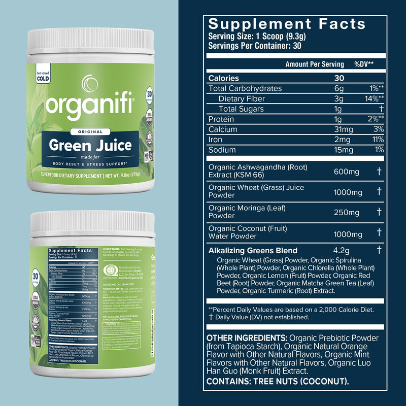 Organifi Green Juice Powder – Organic Superfoods for Energy, Cortisol Balance, Fitness Goals (30-Day Supply)