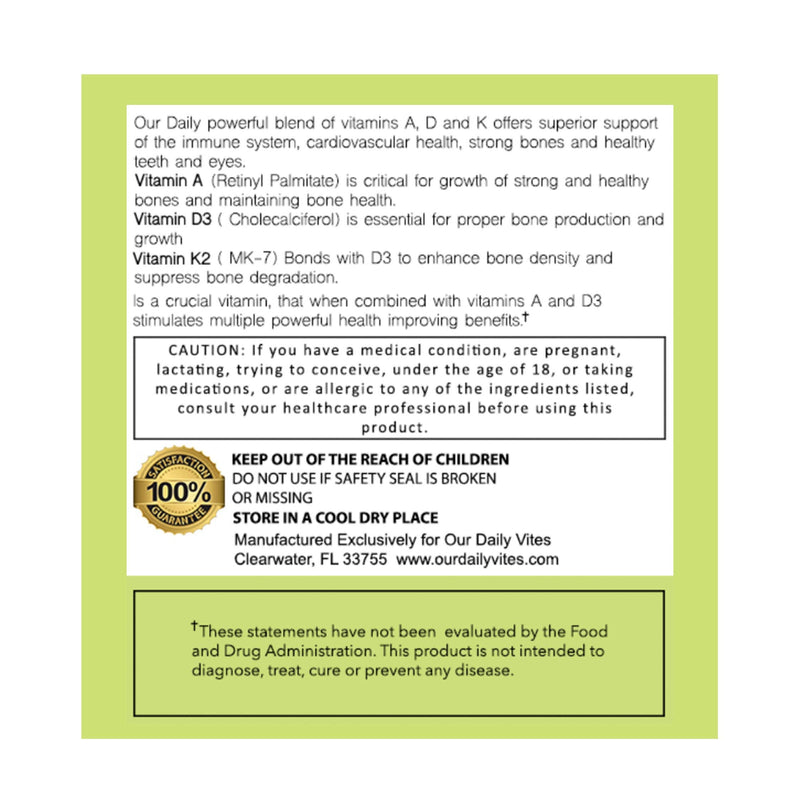 Our Daily Vites ADK Supplement – Vitamin A, D3 & K2 (MK7) for Bone & Immune Support