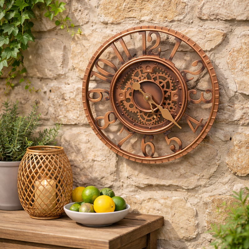 Outdoor Garden Wall Clock Bronze Effect Open Face 30cm Weatherproof