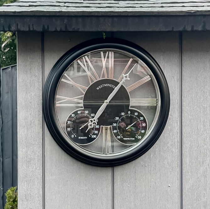 Large Black Garden Clock with Thermometer and Barometer 26.5cm