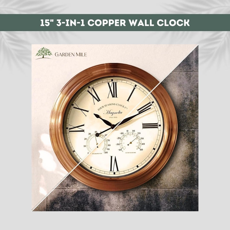 38cm Copper Effect Outdoor Wall Clock Thermometer Hygrometer