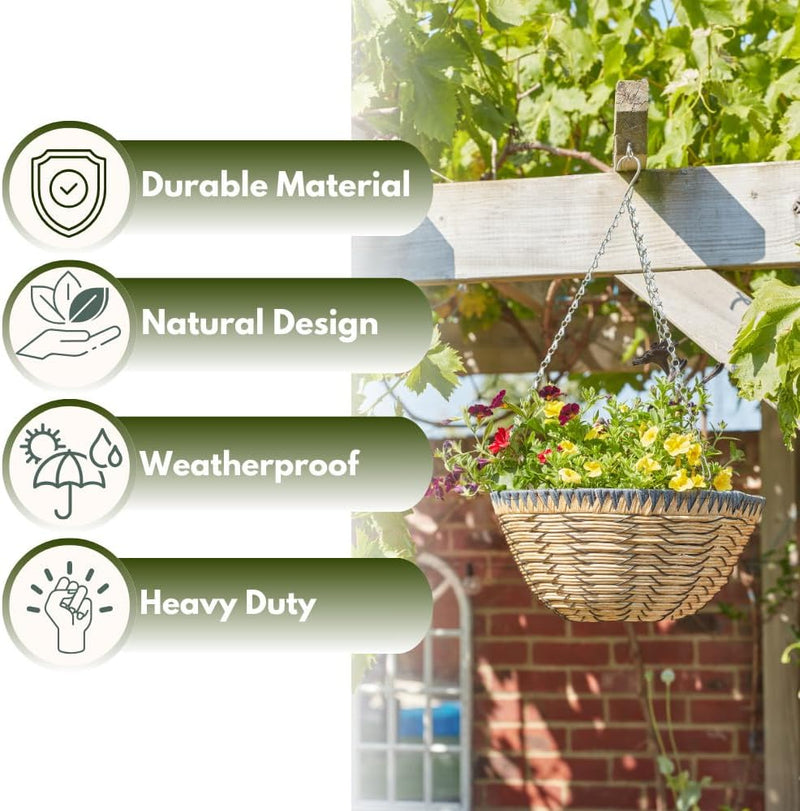 35cm Pre-Lined Rattan Hanging Basket Planter with Chain