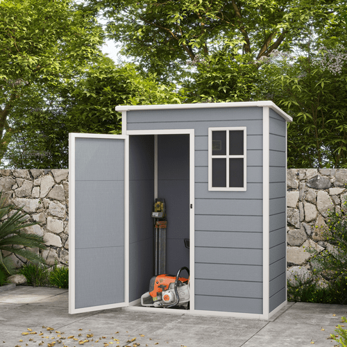 Outsunny 5' x 3' Garden Shed w/ Floor, Lockable Door, Window and Vent, Grey - InStock