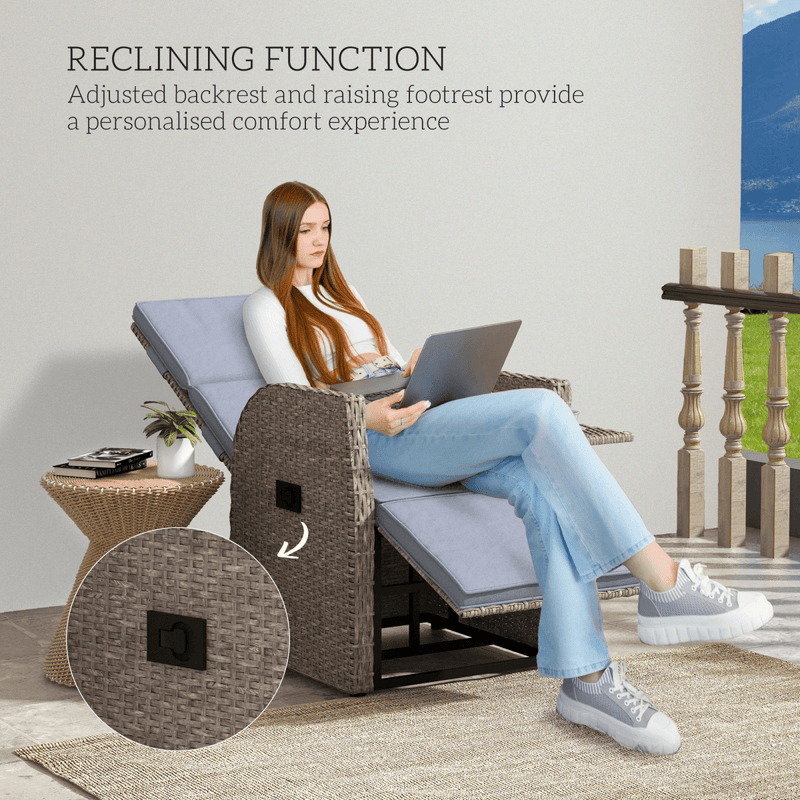 Outsunny Outdoor Recliner Chair w/ Cushion Rattan Reclining Lounge Chair - InStock