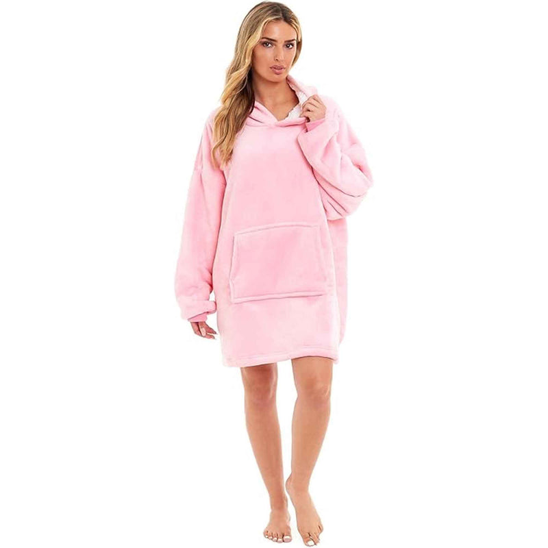 Oversized Hooded Blanket Sweatshirt Plush Sherpa Fur Grey Pink Giant Hoodie for Adults and Kids with Elastic Cuffs and Pocket by Daisy Dreamer