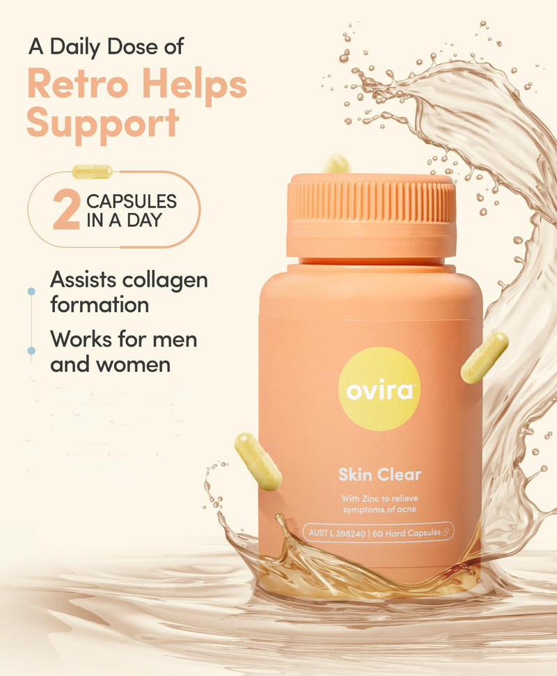 Ovira Skin Clear with ZINCBRIGHT - 60 Capsules for Clear & Glowing Skin | Rosacea & Hormonal Acne Treatment with Vitamin C | Support Collagen Production | Acne Supplements for Women & Men - Pack of 1