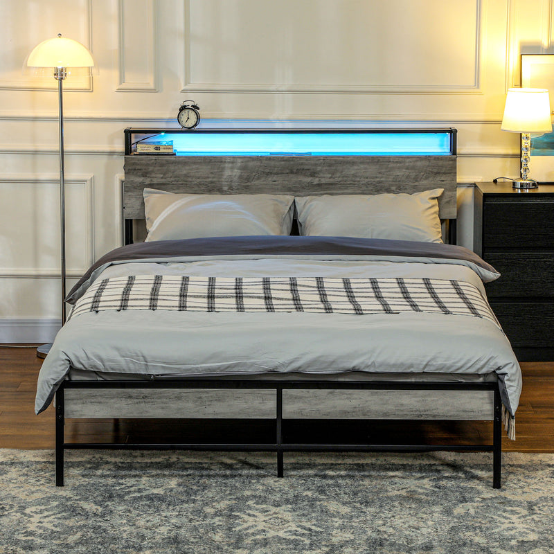 HOMCOM LED King Bed Frame with Charging Station, 150 x 200cm, Cement Grey