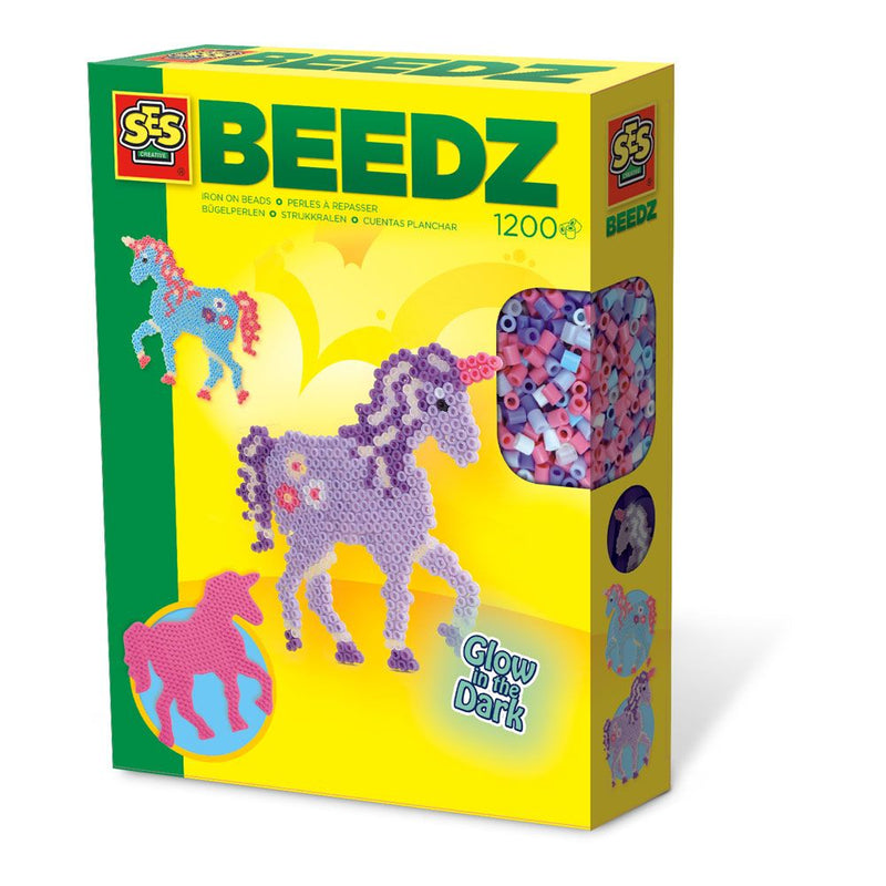 SES CREATIVE Children's Beedz Unicorn Fantasy Horses Glow-in-the-Dark Iron-on Beads Mosaic Set, 5 to 12 Years, Multi-colour