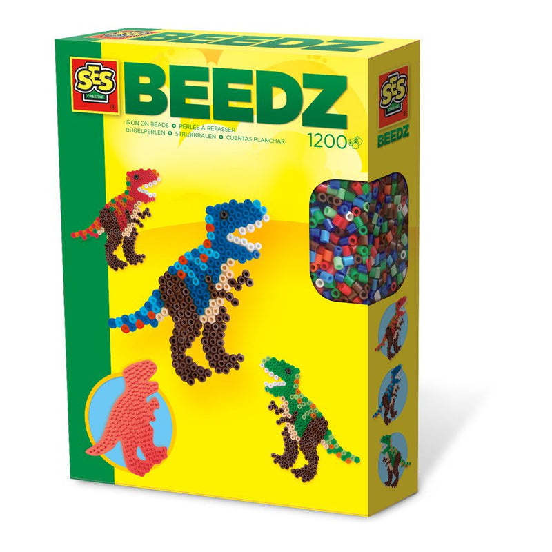 SES CREATIVE Children's Beedz T-Rex Iron-on Beads Mosaic Set, 1200 Iron-on Beads Mix, Unisex, 5 to 12 Years, Multi-colour