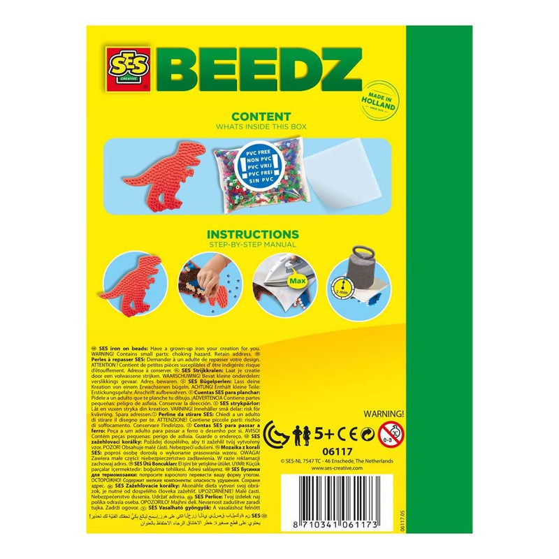 SES CREATIVE Children's Beedz T-Rex Iron-on Beads Mosaic Set, 1200 Iron-on Beads Mix, Unisex, 5 to 12 Years, Multi-colour
