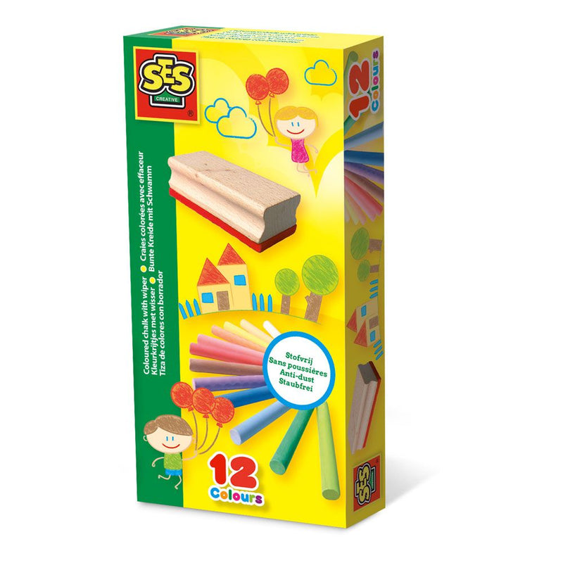 SES CREATIVE Children's Coloured Chalk with Wiper Set, 12 Colours, Unisex, 2 to 12 Years, Multi-colour