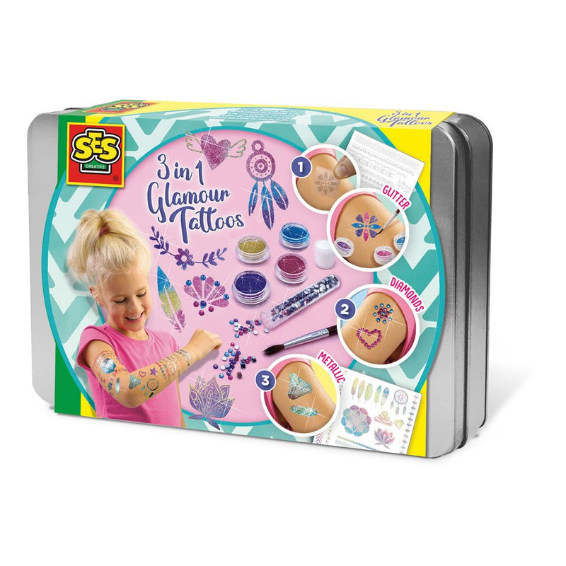 SES CREATIVE Children's 3-in-1 Glamour Temporary Tattoos Set, Girl, 5 Years and Above, Multi-colour